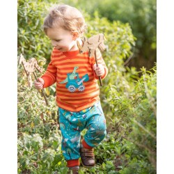 Top - Frugi - EASY ON - DINO - Marigold Orange Stripe  Dino Aqua Tractor