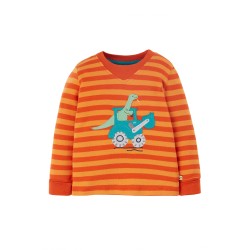 Top - DINOSAURS - Frugi - EASY ON - Marigold Orange Stripe  Dino Aqua Tractor - last size