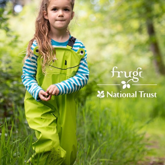 Puddle Trousers - Frugi - GREEN FROG - with straps and cuffs - The National Trust Edition 