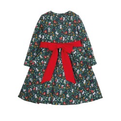 Dress - SKATER - Long sleeves - Frugi - Festive - PARTY - Green Festive friends with mice, robins and holly 