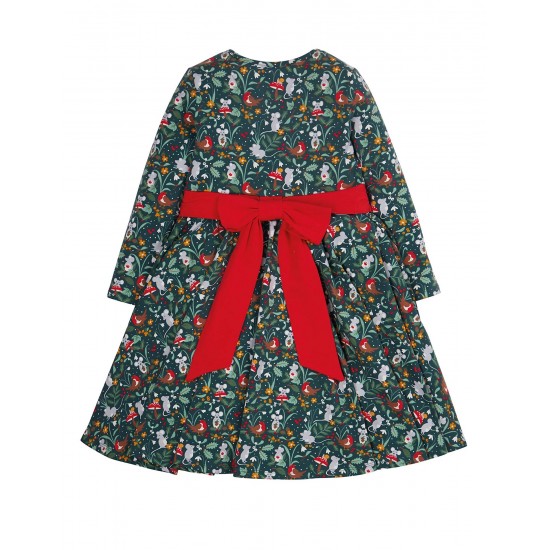 Dress - SKATER - Long sleeves - Frugi - Festive - PARTY - Green Festive friends with mice, robins and holly 