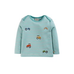 Top - Frugi - Bobby - Moss Green Rainbow Stripe Tractors 