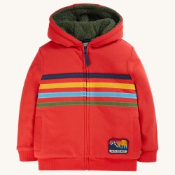 Hoody - Frugi - Ted Fleece Lined Hoodie - True Red and Indigo Rainbow Stripe 