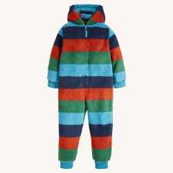 Snuggle suit - Frugi - TED - Fleece - Fluffy - Paprika Orange Rainbow Stripe - orange - green and blues