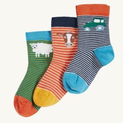 Socks - Frugi - 3pc - At the farm - Green tractor, cow and sheep -  0-6m 6-12m 1-2y