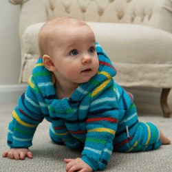 Snuggle suit - Baby and Toddler - Fluffy - Frugi - Ted Fleece - Tobermory Teal Blue Rainbow Stripe  - last size