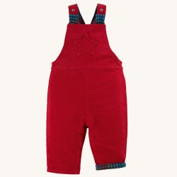 Trousers - Dungarees - Frugi - CORDS - Devoran - Reversible Dungaree - Tango Red Cord and Indigo Check  Flannel