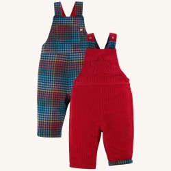 Trousers - Dungarees - Frugi - CORDS - Devoran - Reversible Dungaree - Tango Red Cord and Indigo Check  Flannel