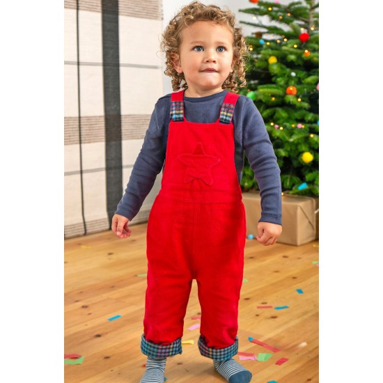 Trousers - Dungarees - Frugi - CORDS - Devoran - Reversible Dungaree - Tango Red Cord and Indigo Check  Flannel