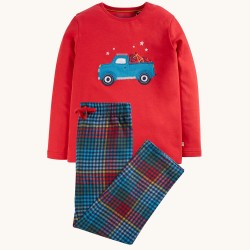 Pyjamas - Frugi - Caden - TRUCK - Red with Blue Truck and Indigo Check Flannel 