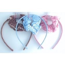 Hair - set - Chocolate  OR  mid blue OR dusky pink with ivory rick rack trim on the scrunchies   - one set randomly chosen if as a free gift with purchase