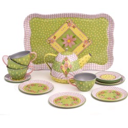 Toys - TEA SET - GREEN and YELLOW - Tin set with a tray, teapot and four plates, cups and saucers 