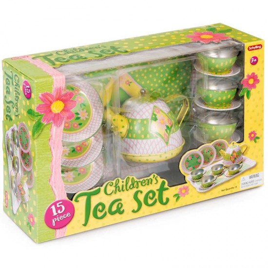 Toys - TEA SET - GREEN and YELLOW - Tin set with a tray, teapot and four plates, cups and saucers 