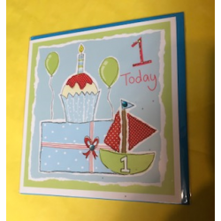 CARDS - Birthday - 1 - BOY - 1 today - blue cupcake , cake slice and boat 