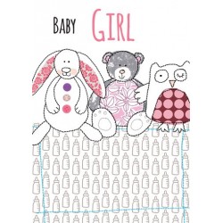 CARDS - Baby - GIRL - Bunny rabbit, teddy bear and owl - grey and pink 