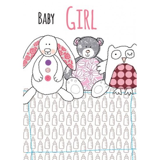 CARDS - Baby - GIRL - Bunny rabbit, teddy bear and owl - grey and pink 
