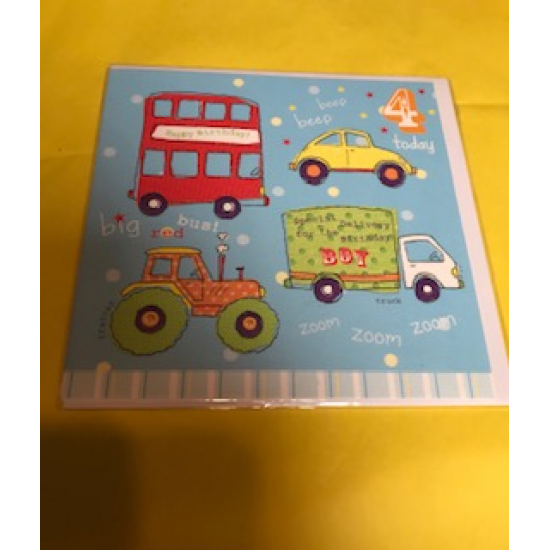 CARDS - Birthday - 4 - VEHICLES -  4 today - car, truck, bus and tractor 