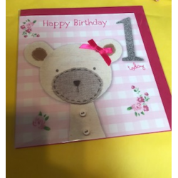 CARDS - Birthday - 1- GIRL - Happy Birthday - 1 today - PINK  teddy with bow 