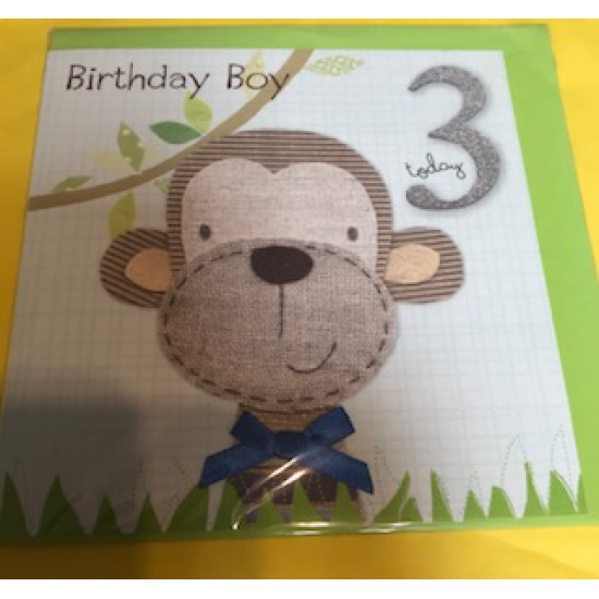 CARDS - Birthday - 3 - MONKEY - Birthday Boy - Green Monkey with blue bow -