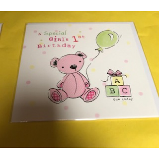 CARDS - Birthday - 1 - GIRL - A Special Girls 1st Birthday - Pink Teddy Bear and balloon ABC 