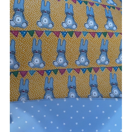 Wrapping Paper - REVERSIBLE - BABY - UNISEX - Bunny rabbit with bunting and blue stars (posted folded)  