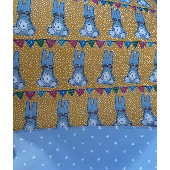 Wrapping Paper - REVERSIBLE - BABY - UNISEX - Bunny rabbit with bunting and blue stars (posted folded)  