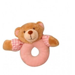 Toys - Rattle - BEAR or DOG - RING - PINK with checked sleeves  - ( BLUE one available separately )