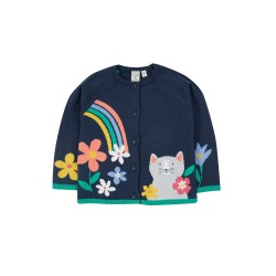Cardigan - Frugi - Reva - Cat - snug fit - navy blue , rainbow and flowers ..