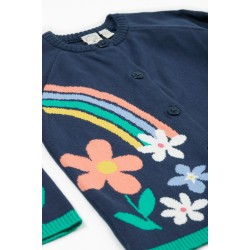 Cardigan - Frugi - Reva - Cat - snug fit - navy blue , rainbow and flowers ..
