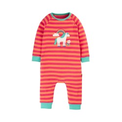 Babygrow - Romper - Animals - Frugi - HORSE, flower and rainbow  - Rowan - Cantaloupe pink stripe 