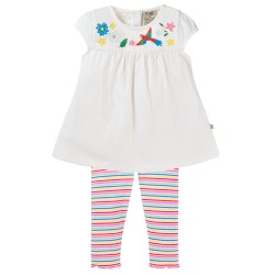 Set - 2pc - Frugi - Jade - Soft White Tropical Birds top and Rainbow rib leggings