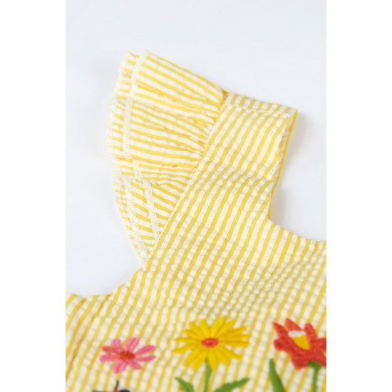 Dress - Frugi - JASMINE - Dandelion Yellow seersucker, flowers and bees