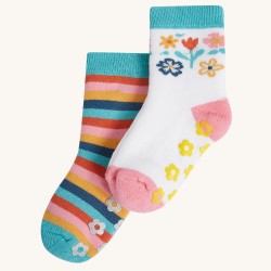 Socks - GARDEN - Warm - Frugi - 2px - Grippy Socks - Flowers and stripe - last 2-4y (UK6-8) 