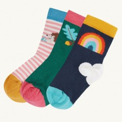 Socks - Frugi - 3pc - Wild Wood - hedgehog, flowers and rainbow - 0-6m , 2-4y