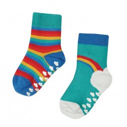Socks - Warm - Frugi - 2pc - Grippy Socks - Rainbow and pacific aqua - 1-2y (UK 3-6) , 2-4y (UK 6-8) 