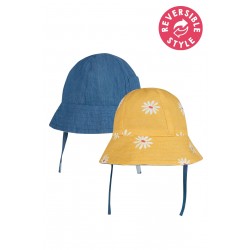 Sun and swim - Hat - Frugi - REVERSIBLE - Helen - Chambray and Yellow Daisies with strap ties