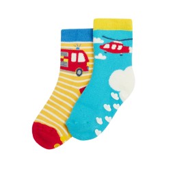 Socks - VEHICLES - Warm - Frugi - Grippy - Helicopter and Fire engine - Come to the rescue