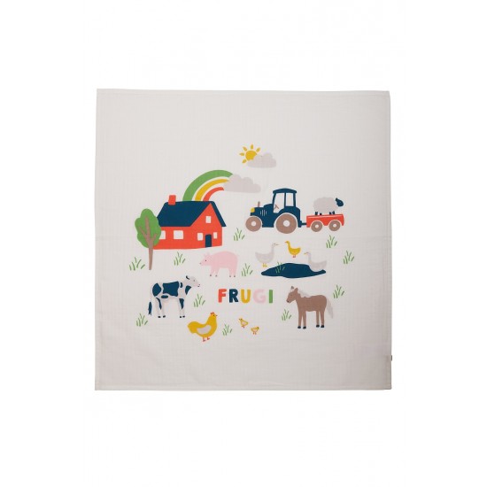 Muslins and Blankets - Muslins - FRUGI - 2pc - Farmyard Friends - Rainbow -  Cow, sheep, pony horse, pig,  geese , duck,  chicken, farm tractor  - last one