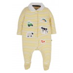 Babygrow - Frugi - Collared Babygrow - Bumblebee Yellow Bretton and White  Stripe  -  Tractor and Farmyard Animals  themed -  3-6, 6-12m - SALE
