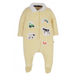 Babygrow - Frugi - Collared Babygrow - Bumblebee Yellow Bretton and White  Stripe  -  Tractor and Farmyard Animals  themed -   6-12m - last one - SALE