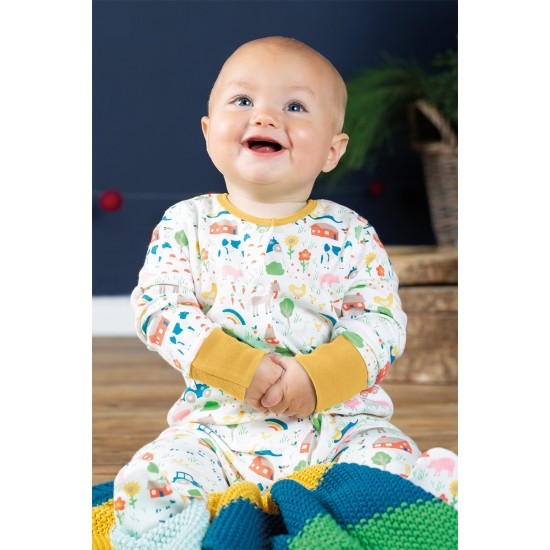 Babygrow - Frugi - Farm - White and Yellow cuffs - Life at the Farm - Tractor and Farm animals 