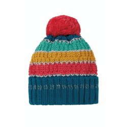 Hat - Winter - Frugi - Bobble - Grey Marl and Rainbow Stripe - Red Bobble Pom 