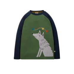 Top - ANIMALS - Frugi - Alfie - Khaki Green , stars , navy sleeves and Wolf 