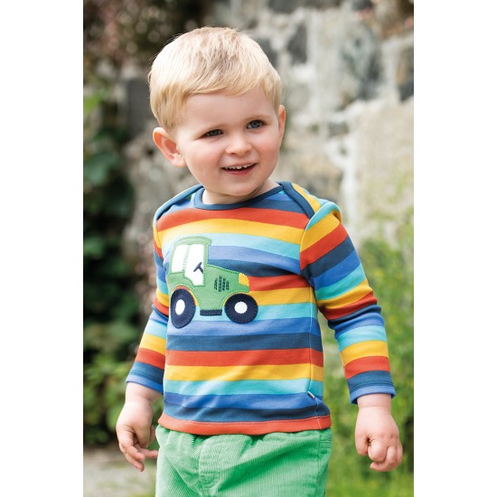 Top - Frugi - Bobby - Rainbow stripe and farm tractor 