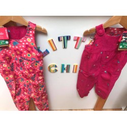 Trousers - Dungarees - Cord - Frugi - Reversible - Winnie - Lingonberry Red  and Floral  Flowers