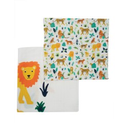 Muslins and Blankets - Muslins - FRUGI - 2pc - Big wild cats and animals - tiger, lion, leopard