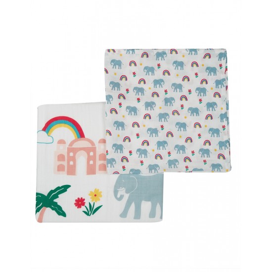 Muslins and Blankets - Muslins - FRUGI - 2pc - Elephant with Flowers and Rainbow 