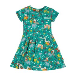 Dress - SKATER - Short sleeves - FRUGI - INDIA - lion, camel, monkey, elephant, peacock , parakeet , turtle  , leopard and rainbow