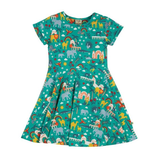 Dress - SKATER - Short sleeves - FRUGI - INDIA - lion, camel, monkey, elephant, peacock , parakeet , turtle  , leopard and rainbow