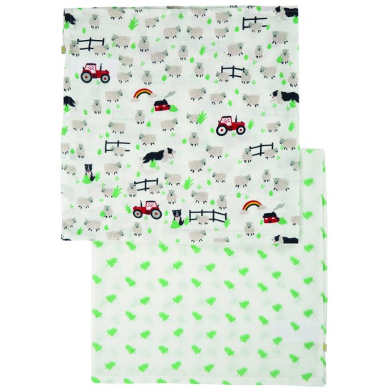 Muslins and Blankets - Muslins - FRUGI - 2pc - TRACTOR - sheep and sheep dog  